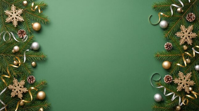 Top view photo of gold and silver christmas tree balls toys cones small bells snowflakes and serpentine on pine branches on isolated green background with empty space