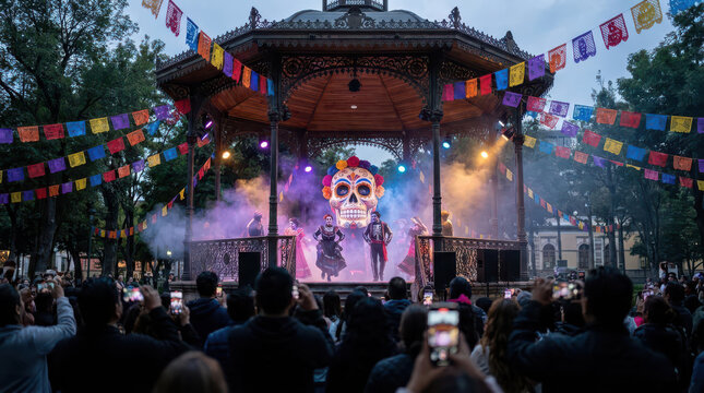 Vivid Day of the Dead live performance featuring colorful skeleton dancers on an outdoor pavilion stage, surrounded by papel picado banners, dramatic lighting, festive decorations and audience