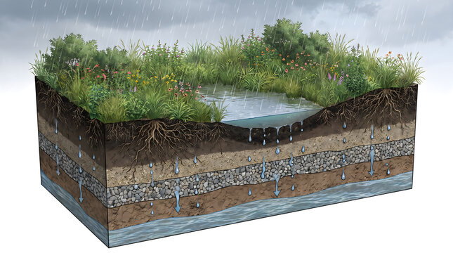Educational cross section diagram of a bioswale showing rainwater infiltration, soil layers, roots and aquifer.