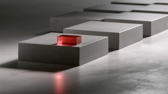 Modern abstract composition featuring a series of large gray blocks with a single glowing red glass cube illuminated on the first block creating a minimalist ar
