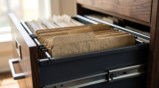 Macro detail shot of an open, dark wooden filing cabinet drawer filled with organized hanging manila folders and paper documents in an office setting