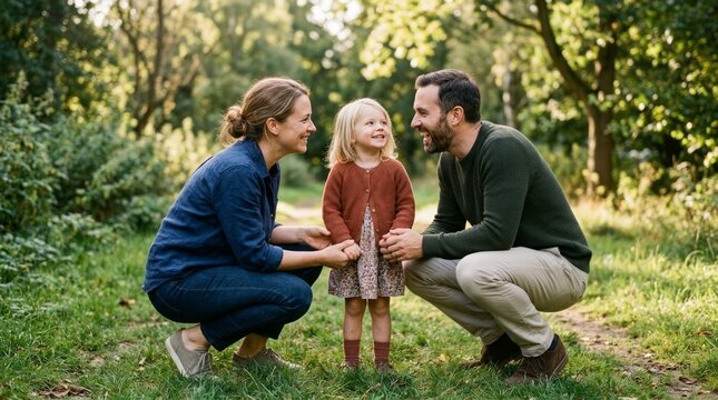 Happy family talking with young child in a green park