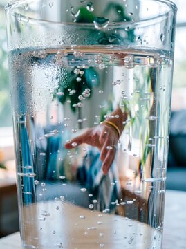 Close-up of a glass of water with bubbles and condensation