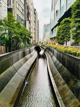 都市部のビルの間に流れる川
