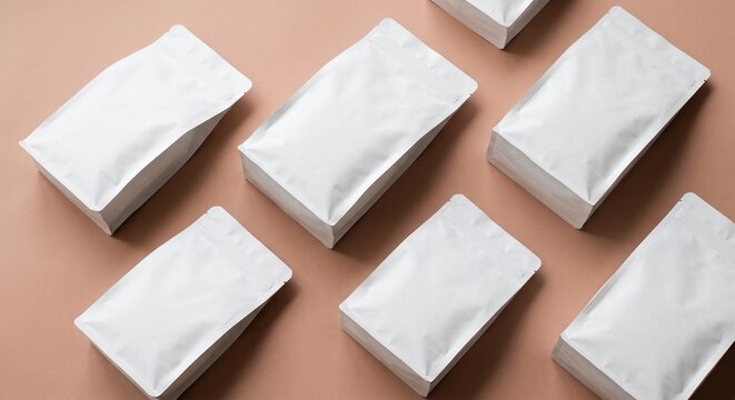 Blank matte white coffee pouches arranged diagonally on a warm peach background for branding design presentation.