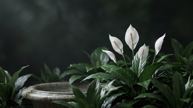 White peace lily flowers with glossy green leaves beside a weathered stone bowl in a dark moody garden, serene botanical scene after rain shower