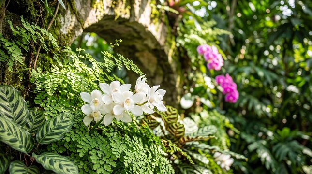 White orchids and lush tropical ferns in a sunlit botanical garden with mossy stone arch and blurred exotic greenery background for serene nature and floral themes