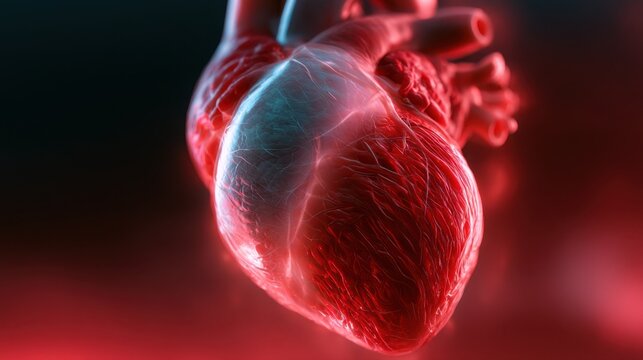 Detailed 3d digital rendering of a human heart highlighting vascular textures and anatomical features in a glowing red and blue color scheme