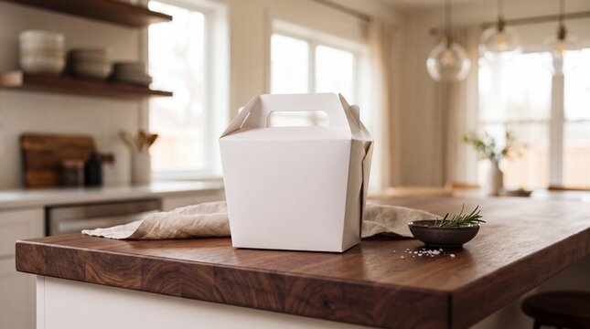 White takeout box on rustic wooden kitchen island in warm sunlit home interior with modern farmhouse decor, simple food packaging and copy space