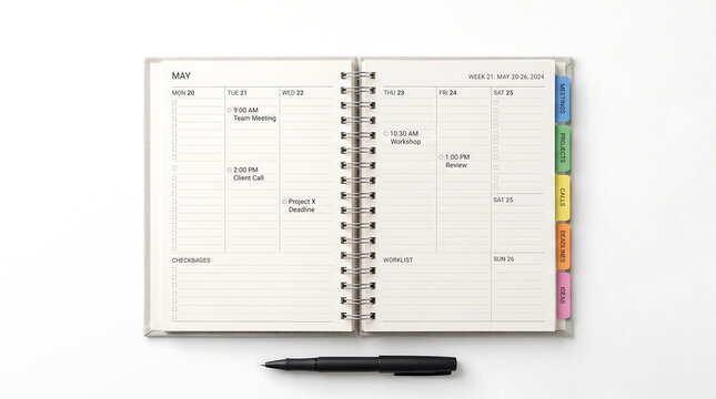 Open spiral-bound weekly planner on a white background, with a black, pen, featuring may, calendar pages with, handwritten notes and, colorful index tabs