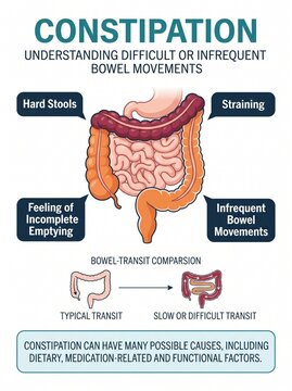 Informative Medical Illustration Explaining the Digestive Symptoms and Physiological Process of Chronic Bowel Constipation