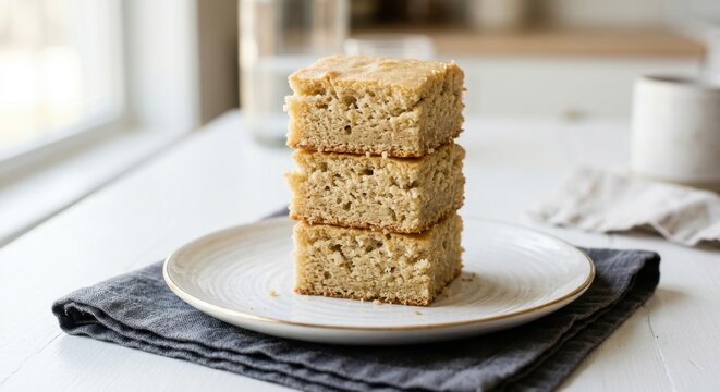 Stack of three square homemade blondies or sponge cakes on white ceramic plate with gold rim, placed on dark linen napkin over white wooden table in bright, minimalist kitchen setting.