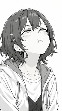 Monochrome manga portrait of a pouting woman with puffed cheeks，頬を膨らませてすねる女性のモノクロ漫画ポートレート