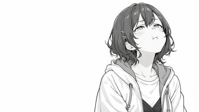 Monochrome manga portrait of a pouting woman with puffed cheeks，頬を膨らませてすねる女性のモノクロ漫画ポートレート