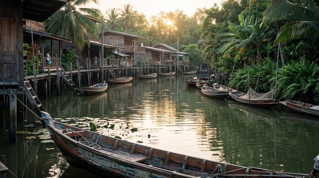 Traditional wooden boats on a quiet tropical canal beside stilt houses and lush palms at sunset in a peaceful riverside village with reflections on calm water