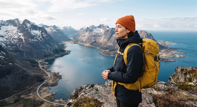 A traveler in winter gear stands on a rocky cliff edge, gazing at a dramatic fjord and ocean landscape.