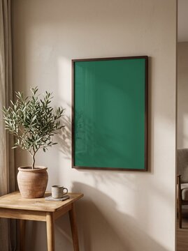 Blank vertical poster mockup in a dark brown frame hanging on a beige wall beside an olive plant in warm daylight.