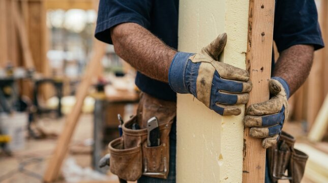 Closeup of a construction worker's gloved hands pressing rigid foam insulation board against a wall stud frame, utility knife tucked in tool belt, defocused background.