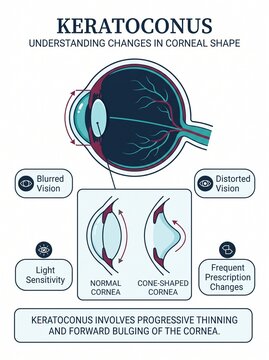 Medical Infographic Explaining Corneal Thinning and Vision Distortion Symptoms Associated with Progressive Eye Shape Changes