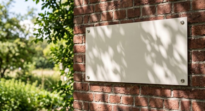 Rectangular blank sign mounted with bolts on a red brick wall with natural dappled sunlight.