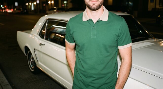 Photorealistic mockup of a blank forest green polo shirt on a man by a classic car at night.