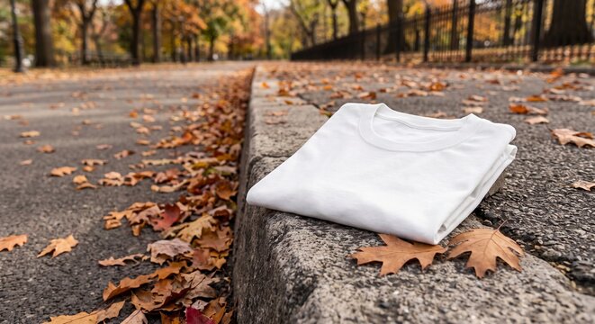 A blank white cotton crewneck t-shirt mockup on a textured concrete curb with fallen autumn leaves in warm outdoor light.