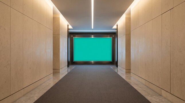 Photorealistic mockup of a blank illuminated billboard in a modern minimalist corridor with beige stone tiles and spotless carpet.