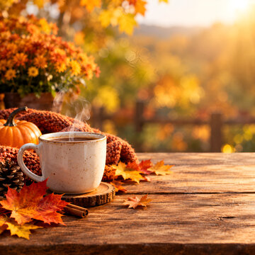 Cozy Autumn Coffee with Pumpkin and Colorful Fall Leaves