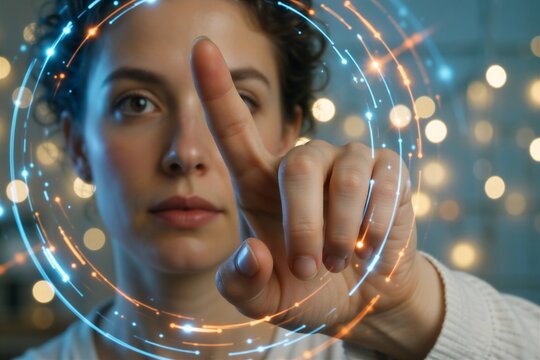 Woman interacting with digital interface, symbolizing AI and smart workflow technology.
