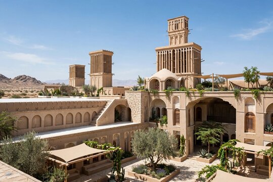 Futuristic sustainable residential building in hot desert climate with passive cooling design, white reflective roof, green rooftop garden, windcatchers, mud brick walls, trees and shade structures