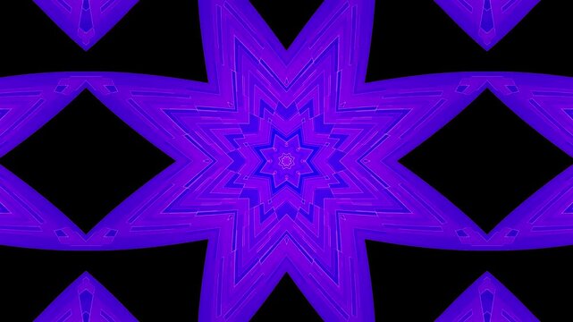 Hypnotic Eight Pointed Star Kaleidoscope Abstract Motion Graphic Shifting From Vibrant Pink To Deep Blue And Teal On Black Background, Symmetrical Geometric Digital Mandala Pattern With Neon Glow And.