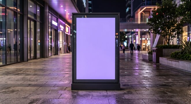 Blank illuminated vertical city light poster box mockup standing on a stone pavement at night in an urban pedestrian plaza.