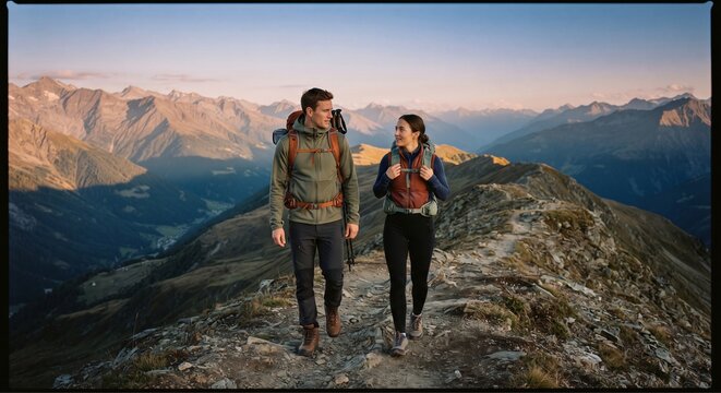 High-end travel scene of two hikers on a rugged alpine ridge during golden hour, with vast valleys and layered mountains.