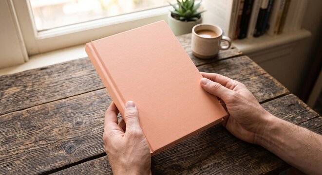 Close-up of hands holding a blank pastel peach hardcover book mockup over a rustic wooden table by a sunny window.