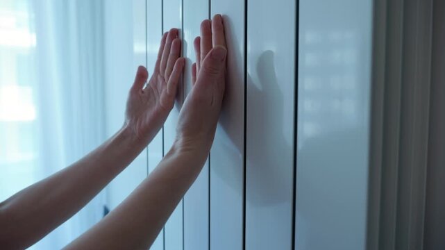 Woman's hands touching modern home radiator. Female hands touching a modern white vertical radiator, trying to get warm during the cold winter season. Central heating system concept for saving energy