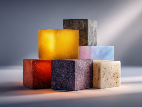 Colorful textured cubes arranged in a pyramid formation with soft lighting showcasing diverse materials and surfaces on a smooth reflective background