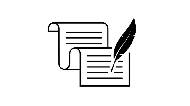 Animated quill pen writing on a parchment scroll icon