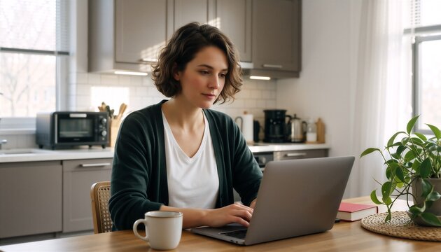 Woman working remotely at home office in a bright modern kitchen setting with a laptop.