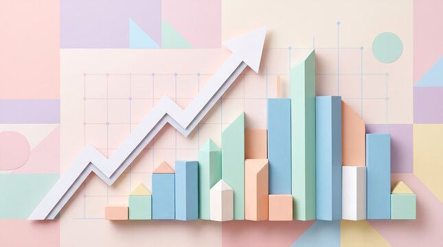 A top-down flat lay of a 3D bar chart with pastel-colored rectangular blocks and an upward-pointing arrow, set against a geometric grid background, with soft pink, blue, and yellow hues