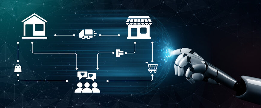 A robotic hand interacts with digital symbols representing e-commerce, delivery, and communication in a modern, connected city, illustrating the future of technology and automation. Ledger