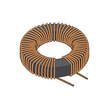 A single toroidal inductor with a dark ring-shaped magnetic core, evenly spaced copper wire windings and two short wire leads extending from the coil. Emphasize the circular form.