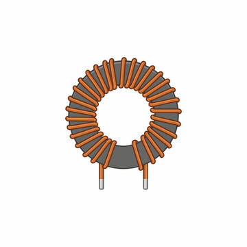 A single toroidal inductor with a dark ring-shaped magnetic core, evenly spaced copper wire windings and two short wire leads extending from the coil. Emphasize the circular form.