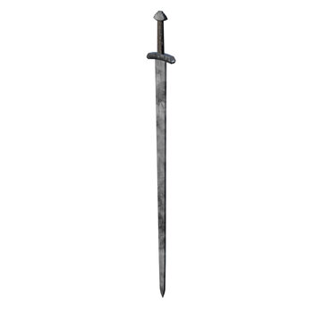 An isolated medieval steel longsword standing upright against a clean white background.