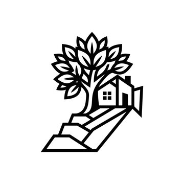 Minimalist House and Tree Landscape Emblem Line Art Logo Design for Real Estate and Sustainable Living Branding