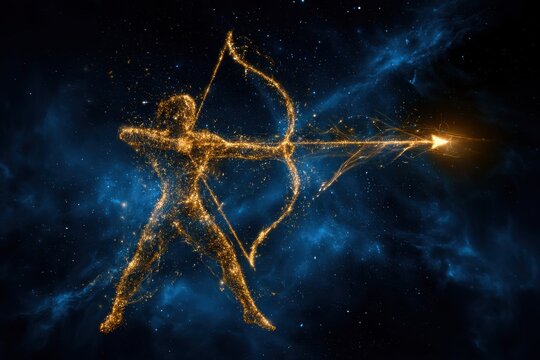 Glowing golden figure of an archer releasing a shining arrow against a deep blue cosmic background filled with stars and nebulae in a dynamic pose