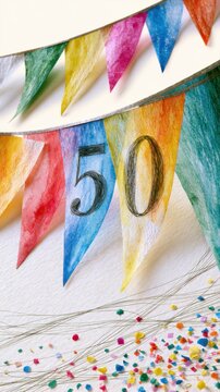 Colorful festive bunting flags with the number fifty celebrating a milestone event with vibrant confetti and decorative dried floral elements on white backgroun