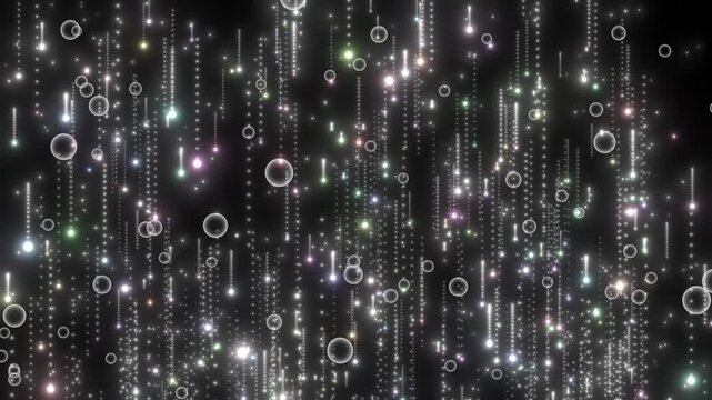 Abstract Digital Rain Of Glowing Pastel Particles And Floating Transparent Bubbles Shimmering On Black Background, Magical Soft Light Trails Cascading Downward In A Dreamy Whimsical Loop Motion Graphi