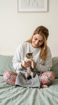 Happy young woman sitting on a cozy bed in a bright bedroom, gently holding and caring for a small wet kitten after a bath, domestic lifestyle and pet care concept in a peaceful home environment