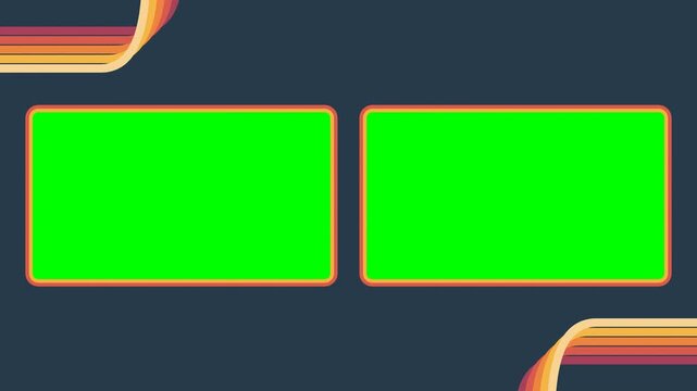 Retro 1970s twin channel split screen with two chromakey panels on dark navy, accented by sunset stripes. Vintage template for side-by-side comparisons, interviews, and dual visuals.