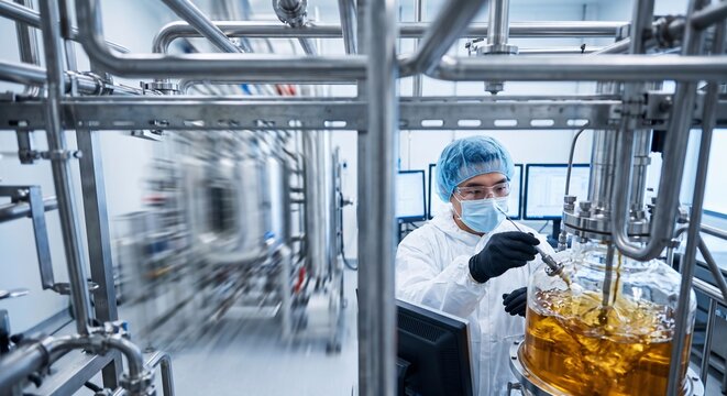 Biopharmaceutical fermentation in an industrial cleanroom facility, a specialized laboratory technician oversees cell cultivation in a glass vessel, precise biochemical engineering merges technological control with cellular synthesis to scale vaccine manufacturing and active pharmaceutical ingredient extraction, stainless steel fluid pipe architecture surrounding the workstation represents institutional biomanufacturing safety protocols, the golden amber broth swirling within the transparent fermenter functions as a modern alchemy converting cellular metabolism into lifesaving therapeutics, sterile gowning with protective mask and nitrile gloves embodies extreme contamination control within high security production suites, digital telemetry monitors in the background orchestrate automated process analytical technology for optimal yield, blurred mechanical movement reflects continuous downstream processing where micro scale biology drives macro scale healthcare economies, rigorous scientific scrutiny regulates molecular growth within an engineered microenvironment, AI-generated, AI generated